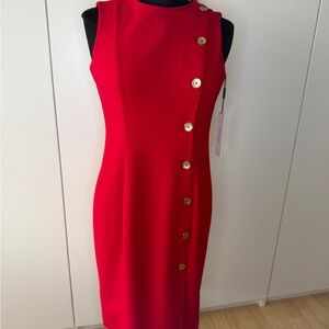 Calvin Klein Red Sleeveless Sheath Dress with Gold Buttons NWT size 6